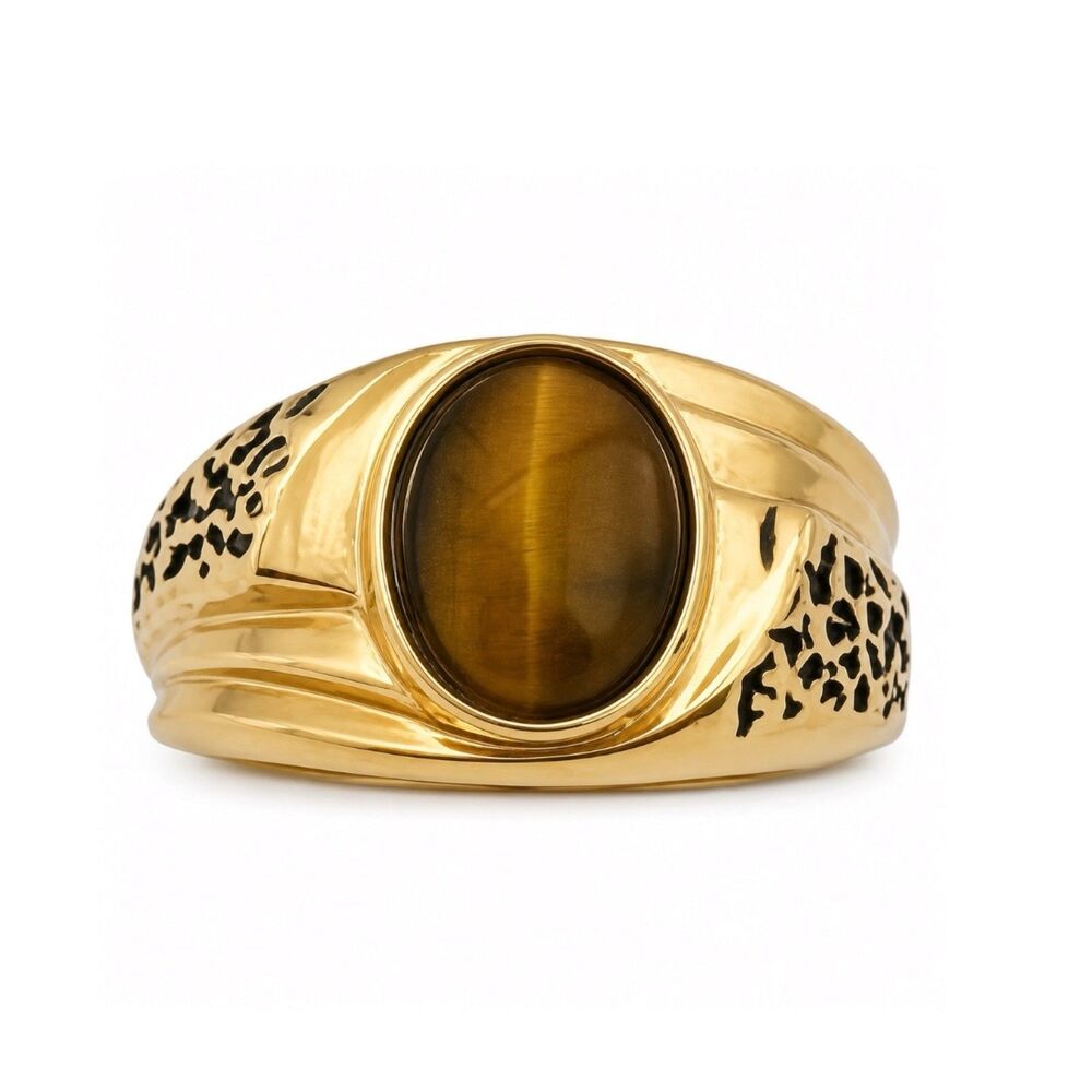 Vintage 1970s Ring Size 10 Uncas Tiger's Eye 14K Gold Plate Gent's - 14N